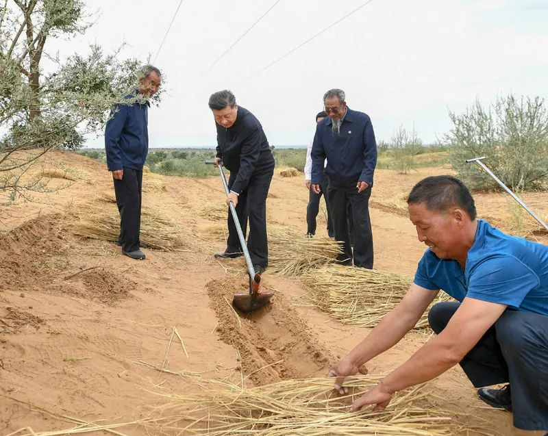 2019年8月21日，習(xí)近平來(lái)到甘肅省武威市古浪縣八步沙林場(chǎng)，實(shí)地察看當(dāng)?shù)刂紊吃炝帧⑸鷳B(tài)保護(hù)等情況。新華社記者 謝環(huán)馳 攝