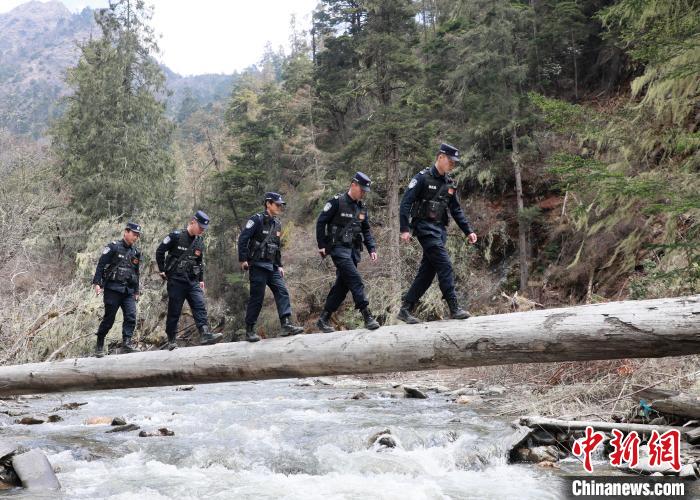 山南邊境管理支隊玉麥邊境派出所民警邊境巡邏途中走過河道上“獨木橋”。　鄭琦山 攝