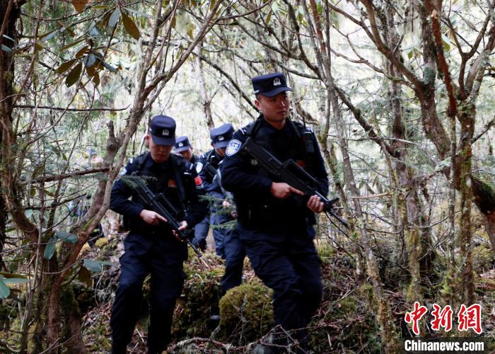 山南邊境管理支隊玉麥邊境派出所民警在邊境原始森林里開展邊境巡邏。　鄭琦山 攝